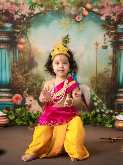 A little boy dressed as Krishna, sitting thoughtfully in a divine setting complete with a peacock and pots of butter. I provide all costumes and props for these sessions.