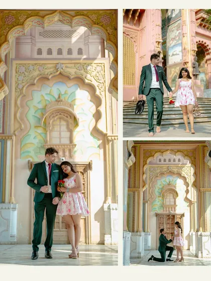 A fun and flirty collage of Nischal and Adithi at Patrika Gate, including a cute proposal shot, showcasing the versatility of this location.