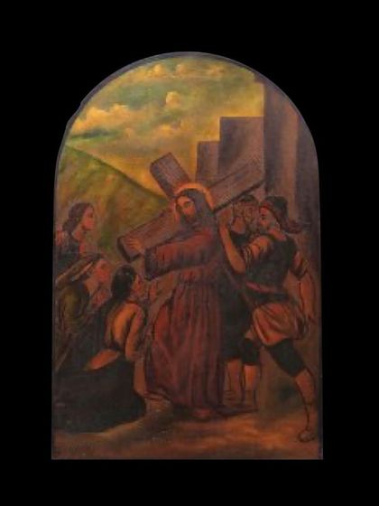 A duplicate image of Simon of Cyrene helping Jesus, from the oil on tin-sheet collection.