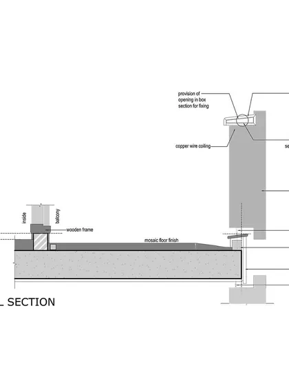 A typical section drawing through the balcony of the Outré House. This detail shows how the wooden louvres are supported and how the floor slab meets the facade, including waterproofing and finishing details.