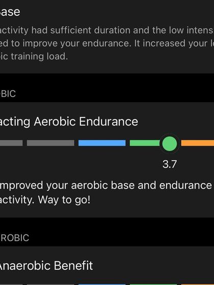A "Base" training effect of 3.7. This confirms the run was effective for building my aerobic foundation.