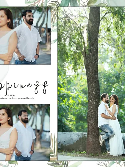 Happiness is just being together. This collage captures serene and happy moments in a park, with the couple dressed in simple, elegant white, letting their connection shine.
