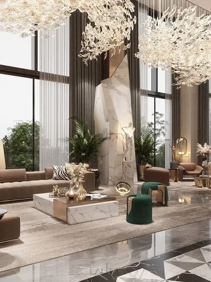 A closer look at the grand living space concept, focusing on the interplay of light and texture. The geometric marble flooring transitions to a softer rug, defining the seating area under the glow of custom chandeliers, while large plants bring a touch of nature indoors.