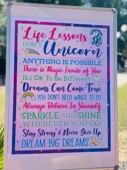 We love adding thoughtful details. This 'Life Lessons from a Unicorn' sign adds a sweet and inspiring touch to the party decor.