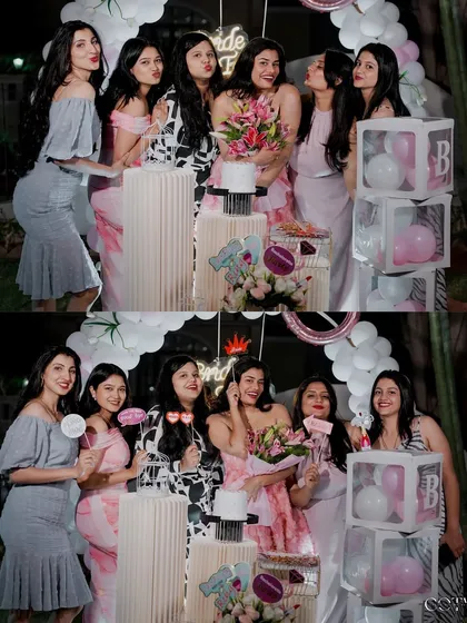 The bride and her squad posing for photos at the bridal shower. We create beautiful backdrops that are perfect for group pictures and memories.