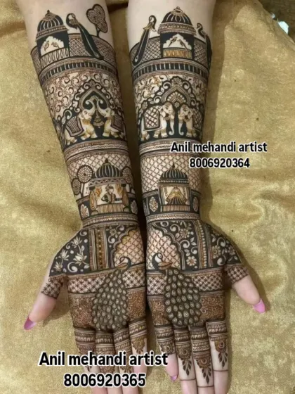 For a truly grand bridal look, I create designs filled with traditional wedding elements. This full-arm mehendi features majestic elephants and palace architecture, telling a story of royalty and celebration, all done with my organic henna for a deep, rich stain.