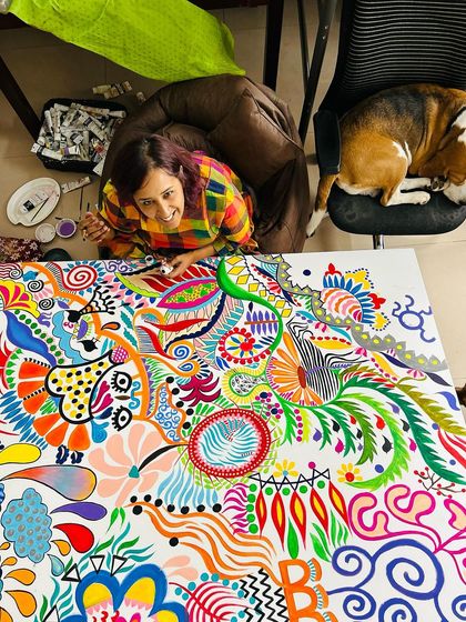 Another angle of my painting session. You can see the scale of the 4x5 ft canvas and my furry supervisor keeping a close eye on my work.