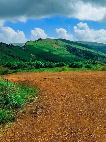 The contrast of the red earth trail against the vibrant green landscape.