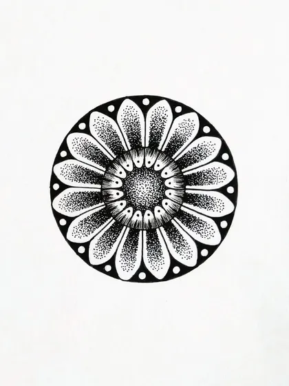A floral mandala with dotted petals, created for day 15 of Inktober. The use of stippling gives the petals a soft, textured appearance.