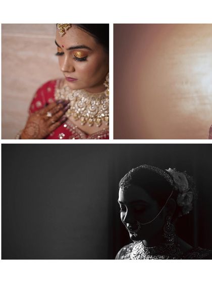 A collage of artistic bridal portraits, mixing colour and black and white to create a visually stunning tribute to the bride's beauty.