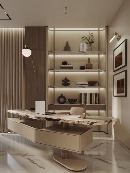 This collection of images explores a single master suite, including the main sleeping area and an integrated home office. We've rendered the space from wide angles to detailed close-ups, showcasing the cohesive design, material textures, and sophisticated lighting.