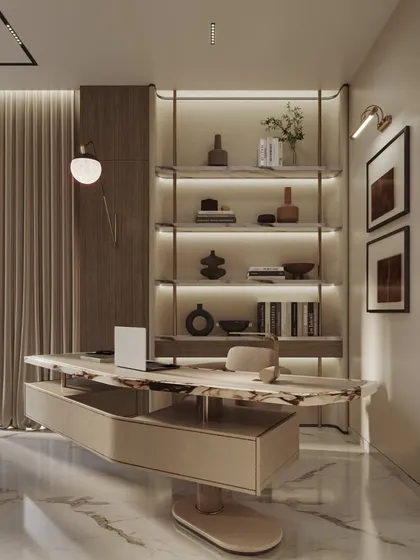 This collection of images explores a single master suite, including the main sleeping area and an integrated home office. We've rendered the space from wide angles to detailed close-ups, showcasing the cohesive design, material textures, and sophisticated lighting.