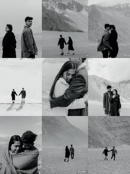 A collage of black and white images from a pre-wedding shoot in Ladakh. It showcases the dramatic, minimalist landscapes and the couple's intimate moments within them.