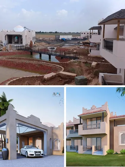A collage showing the resort's central water body under construction, alongside renders of the entrance and suites. It highlights the progress of this unique hospitality project.