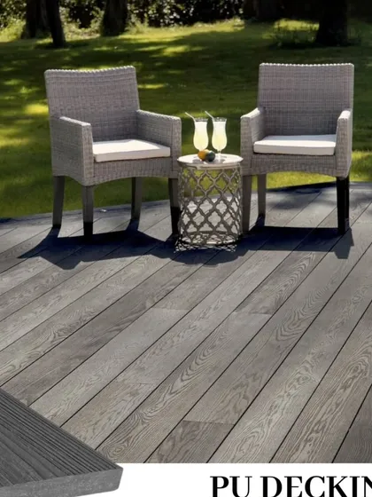 A grey-toned PU decking that offers a contemporary, weathered wood look without the upkeep. It's a great choice for creating a chic garden seating area.