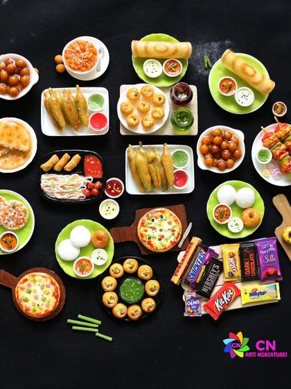 A collection of my most popular miniatures, including pizza, dosa, and chocolates.