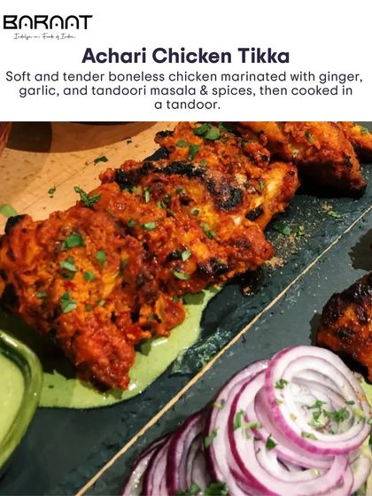 My Achari Chicken Tikka is marinated with ginger, garlic, tandoori masala, and pickling spices for a tangy and flavorful starter.