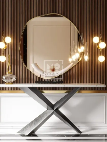 Your lobby is the first chapter of your home’s story. This design features a sculptural console table, an organic-shaped mirror, and dramatic lighting to create an elegant and memorable entrance.
