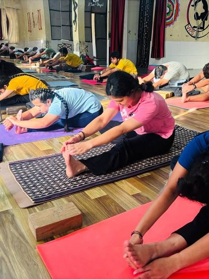 A wide shot of our class during a forward-bending sequence. You can see the focus and dedication of each student as they work at their own level.
