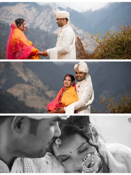 A collage of intimate and scenic moments from the Triyuginarayan wedding, blending close-up emotions with the epic Himalayan backdrop.