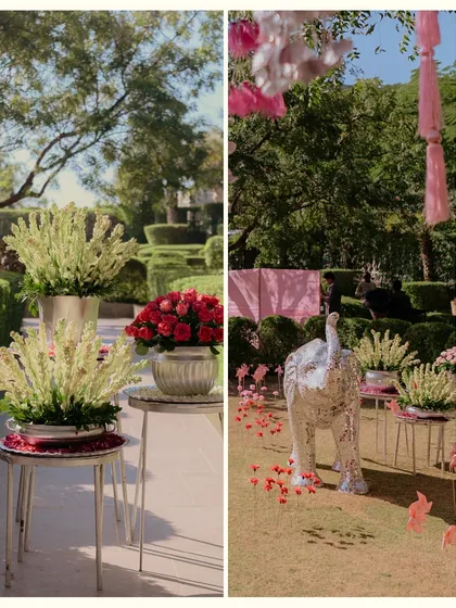 A split view of the Chooda ceremony decor, with lush floral arrangements and a sculptural silver elephant, blending regal and traditional elements seamlessly.