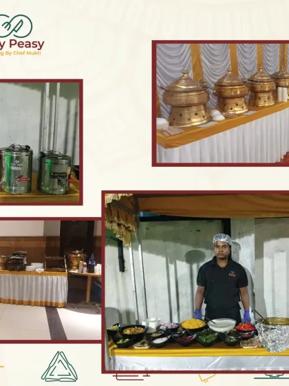 This collage shows the range of our setups, including beverage stations, a live chaat counter with our staff, and different buffet arrangements.