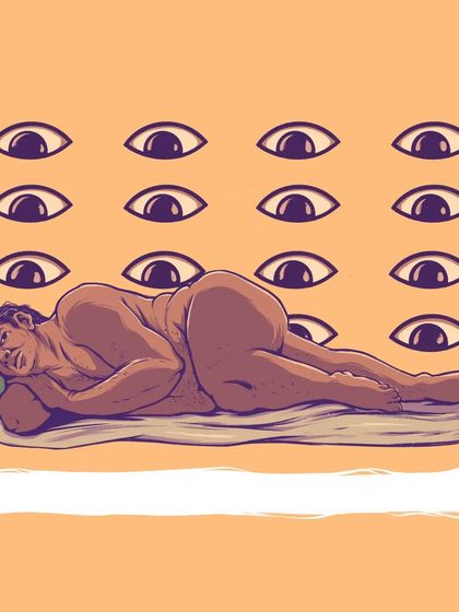 A conceptual image from the same story, representing the feeling of being watched and judged, which relates to the theme of body shaming.