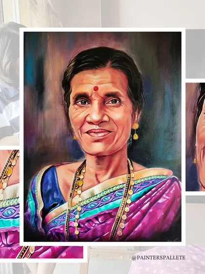 A close-up of a finished 24" x 30" acrylic portrait. I focused on capturing the warmth in her eyes and the gentle smile. The details in her saree and the traditional gold jewelry were painted with many layers to give them a realistic, textured feel.