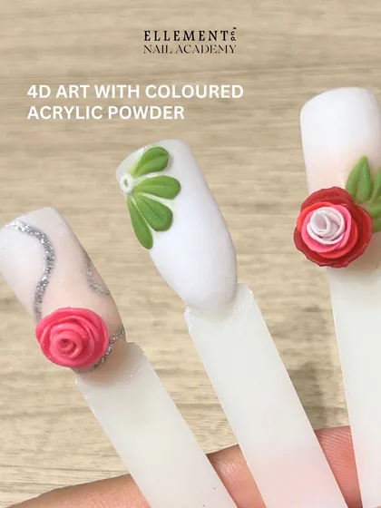 This image showcases beautiful 4D floral art created with colored acrylic powder. Our courses teach you how to sculpt delicate, lifelike flowers and leaves.
