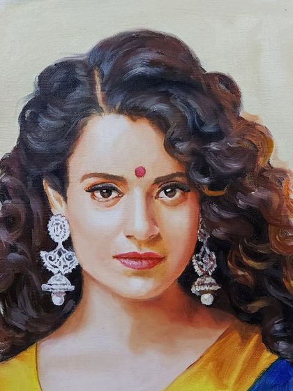 An oil portrait of the talented Kangana Ranaut, focusing on her expressive eyes and beautiful curls.