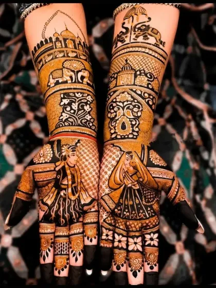 A classic royal Rajasthani bridal design, featuring portraits of a king and queen, along with elephant processions and palace architecture.