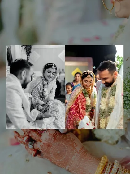 An artistic collage blending black and white and color photos from the wedding ceremony. It focuses on the intricate details of the bride's henna and the emotional moments of the rituals.