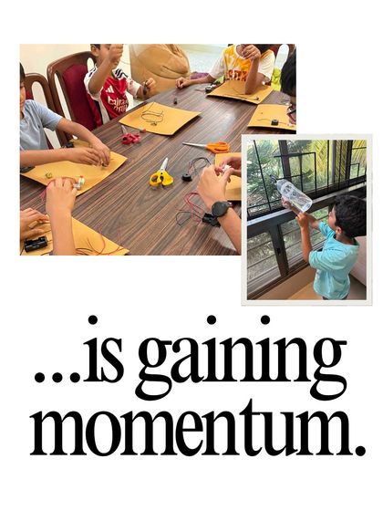 This collage shows what momentum looks like. From a group of kids working together at a table to a boy testing his water-pressure creation, it's about ideas growing and spreading through hands-on learning.