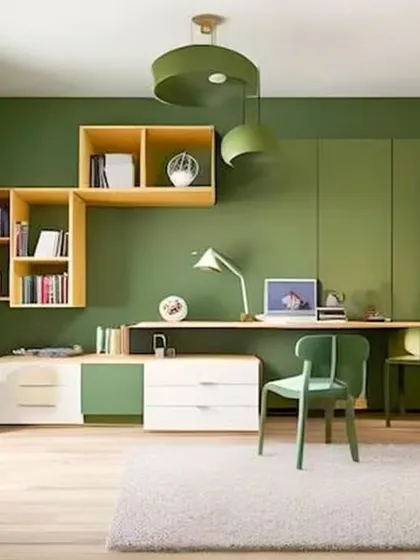 This spacious kid's room features a long desk for two and ample storage with a combination of open and closed shelving. The olive green and yellow color scheme creates a fresh and stimulating environment for study and play.