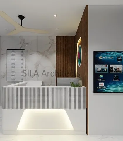 The reception and waiting area concept for a hospital project. We designed this space to be welcoming and efficient, with clear signage, comfortable seating, and a modern aesthetic.