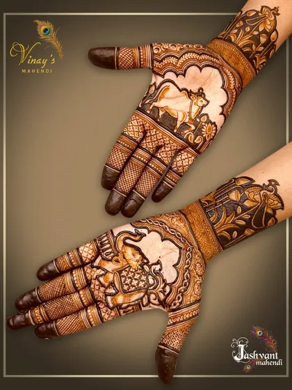 An asymmetrical design featuring a sacred cow on one hand and an elephant on the other, both using negative space to create a striking effect.