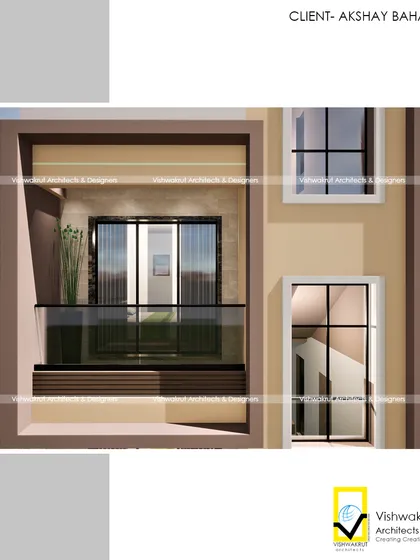 A close-up detail of the balcony on the 'Eifel Tower' project. This highlights the use of glass railings to maintain an open feel on a narrow facade.