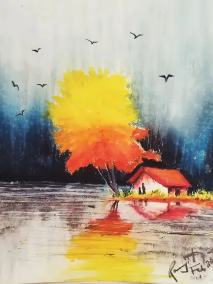 An atmospheric landscape with a vibrant autumn tree, created using oil pastels. This piece shows how to use color blending to create reflections in the water.