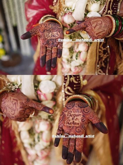 A collage showing the one-day stain with personalized details like 'Begum e Rehan' and a name in Arabic.