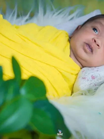 An awake newborn wrapped in yellow, looking alert and curious in a jungle-themed setup.