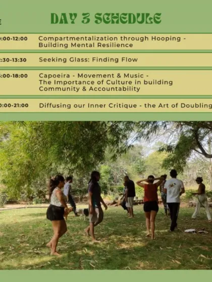 The schedule for our Flow Fest, showing a full day of activities including a Capoeira workshop focused on movement, music, and community building.