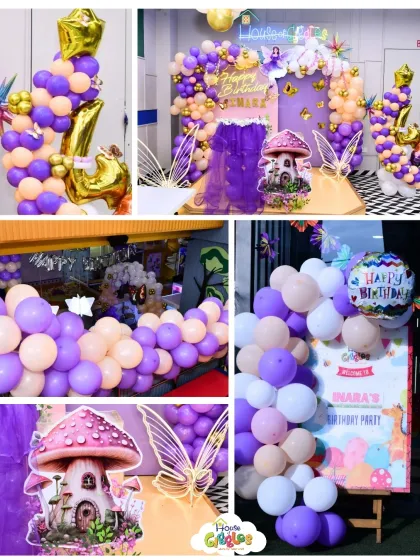 Welcome to a magical Fairyland! This collage shows the enchanting details of a fairy-themed party, with mushroom house props, butterfly wings, and a dreamy purple and peach balloon palette to make any birthday feel like a fairy tale.