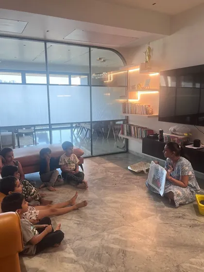 A wide shot of our unplugged coding class, where children are completely absorbed in their storytelling and building activity. This is what joyful, focused learning looks like.