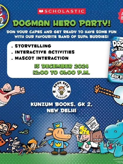 Time to be a hero! The official poster for our Dogman Hero Party, inviting kids to don their capes and join us for storytelling, interactive activities, and a mascot interaction.