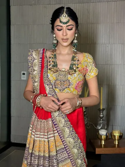 You look like a goddess. This royal, traditional look on Rhea Goyal for her wedding is inspired by heritage, featuring a sharp wing liner and an Anamika Khanna outfit.