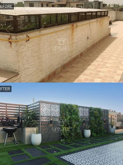 This unused wall space is now a stunning vertical garden. We used a combination of decorative screens and green panels to add texture, privacy, and a touch of nature to the barbecue area.