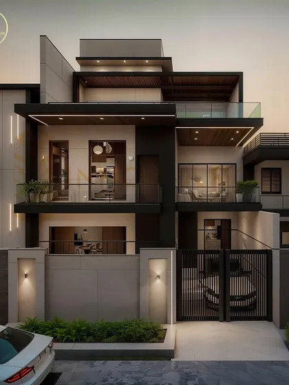 A preview of our upcoming modern luxury villa in Gwalior. This design emphasizes clean lines, a bold contrast of black and white materials, and large glass windows to create a sense of open, light-filled living. The strategic use of wood accents and integrated lighting adds warmth and sophistication.