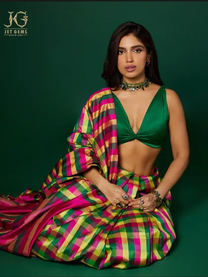 Beauty in technicolour. The vibrant Bhumi Pednekar looks absolutely stunning, her colourful ensemble perfectly matched with a selection of my kaleidoscopic gemstone rings and a bold green choker.