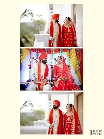 A collage of the Punjabi couple, showing them in different settings during their wedding day.