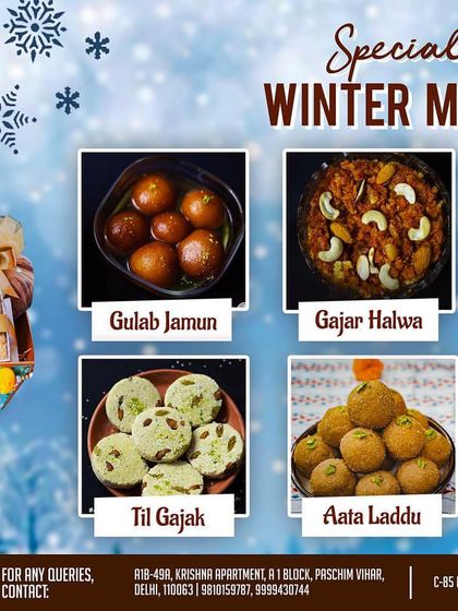 Our special winter menu features all the essentials: Gulab Jamun, Gajar Halwa, Til Laddu, Til Gajak, Atta Laddu, and Gajar Paak. We also make customized hampers for Lohri and Makar Sankranti.